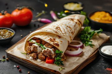 Detailed close-up photography of a delicious doner kebab on a wooden board against a velvet background. AI Generation. Beautiful simple AI generated image