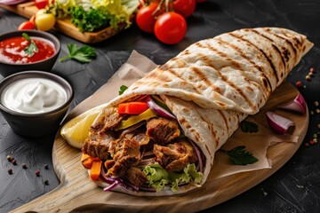 Doner kebab - grilled meat and vegetables in pita bread. Beautiful simple AI generated image