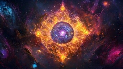 Obraz premium Mesmerizing Mystical Symbols and Enchanting Celestial Patterns in Vibrant Digital Fantasy Art