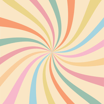 Retro sunburst swirl vector illustration,Retro sun wirh rays, vintage style,  colorful waves,Pastel radial lines