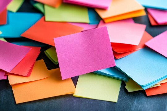 Assortment of vibrant sticky notes scattered across a dark surface perfect for organization and reminders