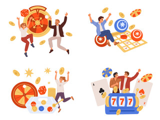 Cartoon people in casino. Happy customers happy to win. Gambling success. Men and women jumping for joy. Roulette bet. Lottery jackpot. Slot machine. Money prize winning. Garish vector set