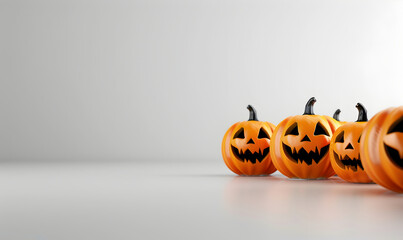 Four carved Halloween pumpkins in a row, white background