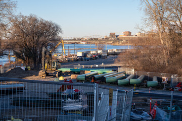 Construction site in city near river