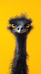 Emu close-up on yellow background, detailed