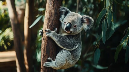 Obraz premium Closeup of a Koala Bear Climbing a Tree Trunk in the Australian Bush