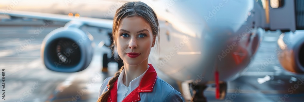 Poster a flight attendant is poised in front of an aircraft, prepared for boarding while exuding profession