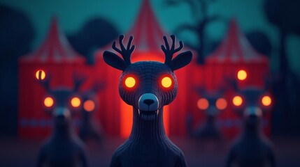 Spooky circus animals with glowing eyes, haunted setting, 3D illustration