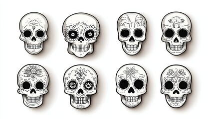A set of skulls with flowers and other decorations