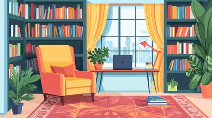 Cozy Home Office with Bookcase  Laptop  and Plants