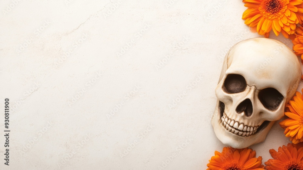 Wall mural A skull is placed on a white background with orange flowers in the foreground