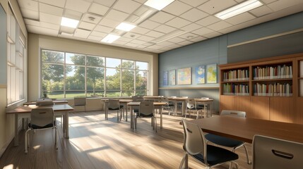 Modern Classroom Interior with Desks  Chairs  and a View of the Outdoors