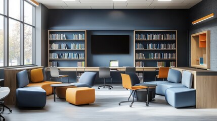 Modern Library Lounge Interior Design with Bookshelves  Seating  and TV