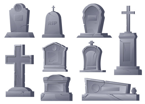 Cartoon cemetery gravestones. Medieval stone grave crosses. Halloween crypt. Old gothic headstone elements. Burial obelisks. Gray tombstones. Granite mausoleum. Tomb shapes vector set