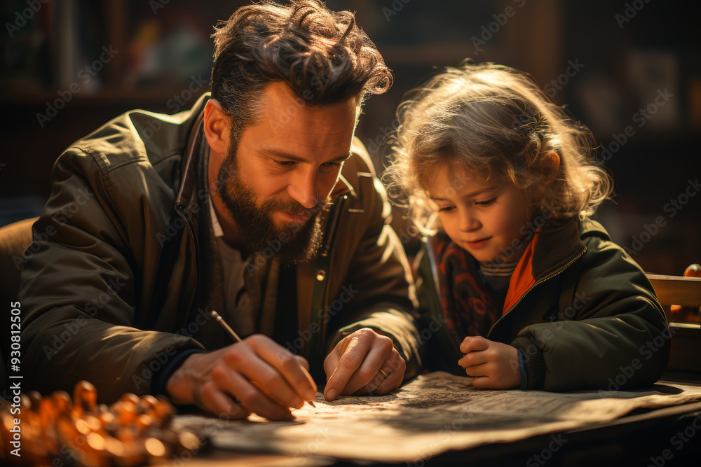 Poster A dad patiently helping his child with homework, guiding them through difficult problems with encouragement. Concept of academic support and parental involvement. Generative Ai.