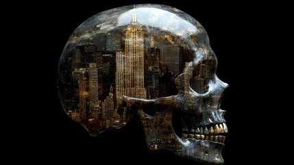 Skull with Cityscape Reflection
