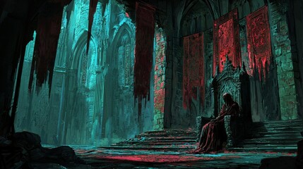 Fototapeta premium Ancient Lich Lord Sitting on a Throne in a Castle Dungeon