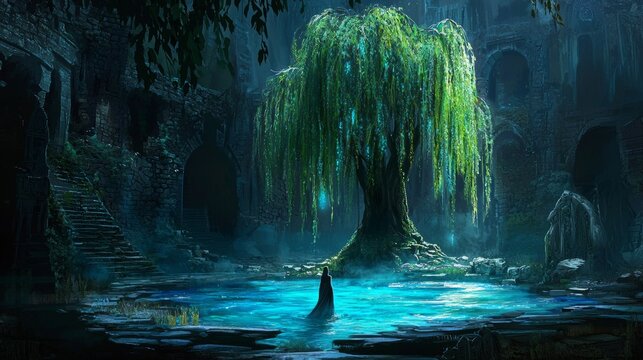 Digital Concept Art of a Magical Willow Tree Growing Near a Pool Among Elven Ruins