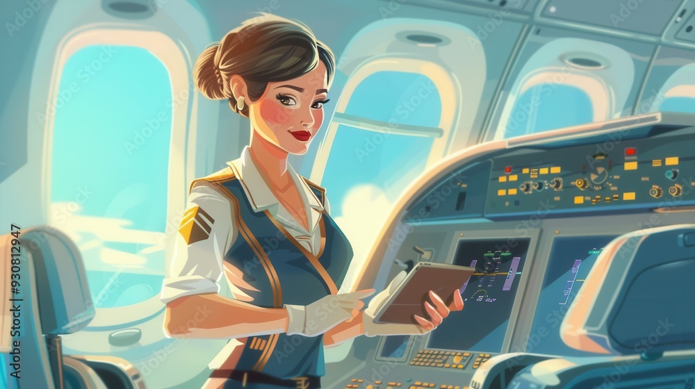 Poster The flight attendant stands in the cockpit, reviewing details on a clipboard while surrounded by large control screens and bright daylight streaming in. Generative AI