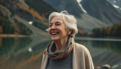 Fototapeta premium Portrait of an elderly woman with a bright smile on the shore of a lake in the mountains. Autumn landscape.
