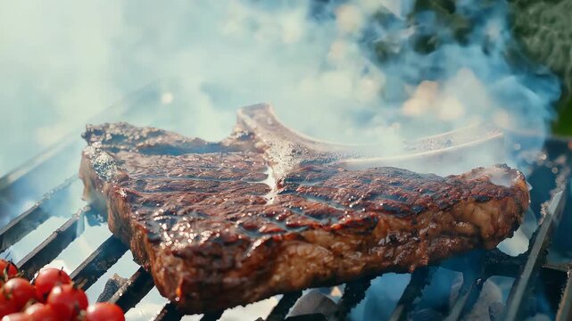 T-bone steak on barbecue rack with fire flame and smoke, 