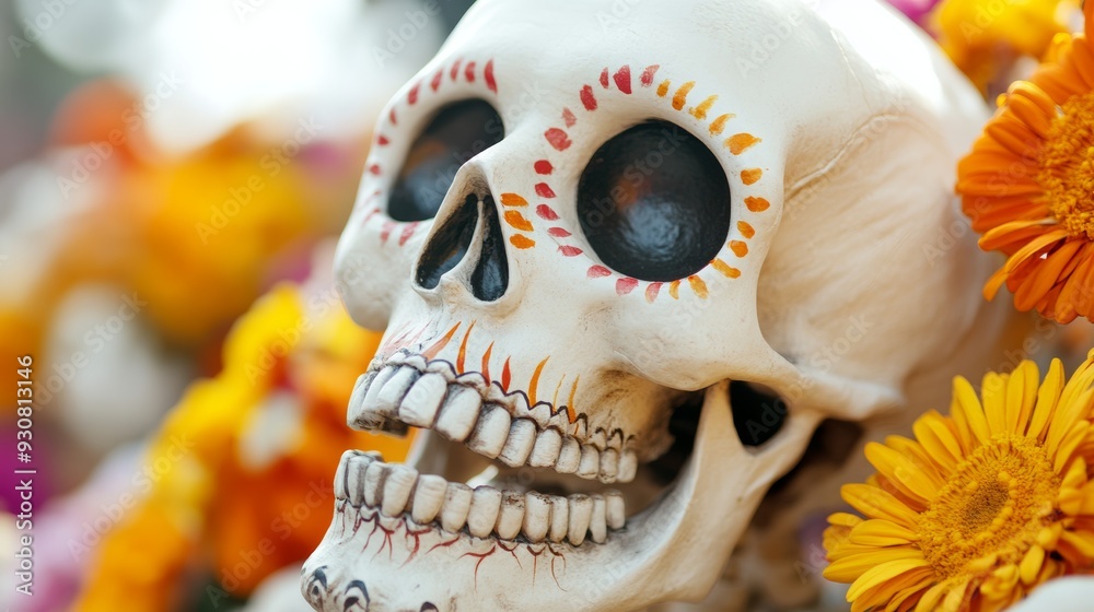 Wall mural A skull with red and orange paint on it is sitting on a bed of flowers