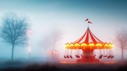 Creepy carnival rides in a haunted circus, foggy night, 3D illustration