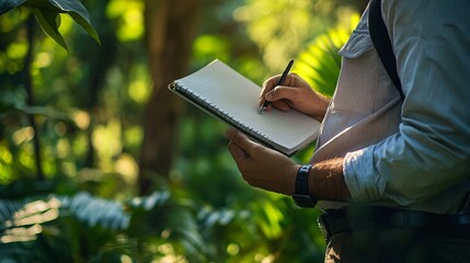 An environmental consultant conducting a meeting outdoors, surrounded by trees and plants, with a notebook in hand