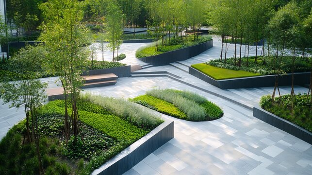 A tranquil urban park designed with sustainable materials, featuring green spaces and modern seating areas
