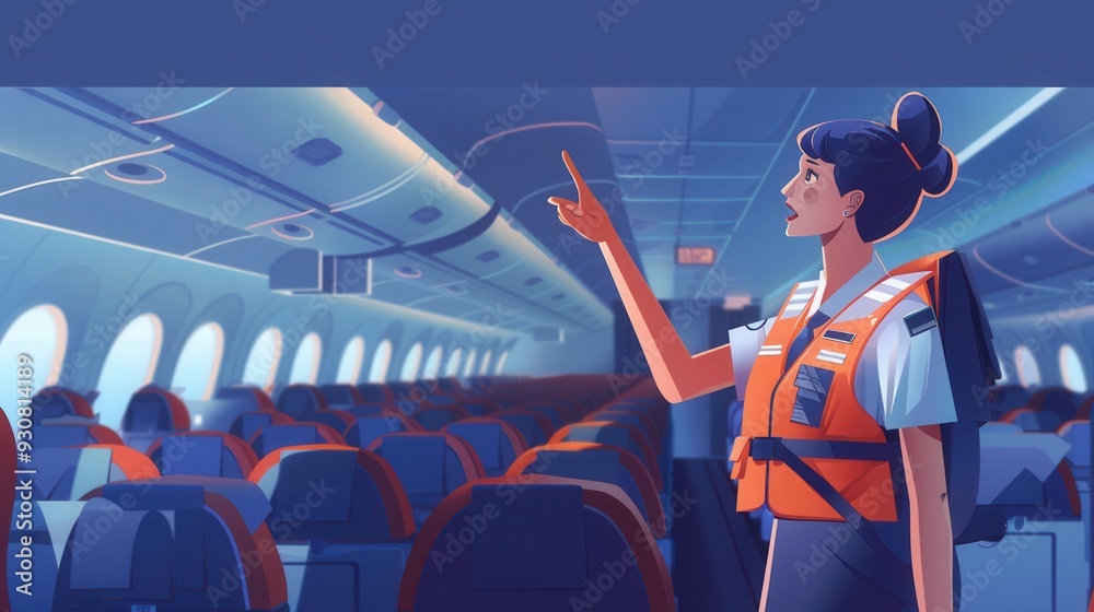 Poster The flight attendant points to safety instructions while preparing passengers for takeoff in a modern airplane. Generative AI