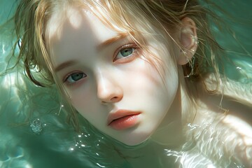 Young girl submerged in water her gaze haunting and intense surrounded by a surreal aquatic environment