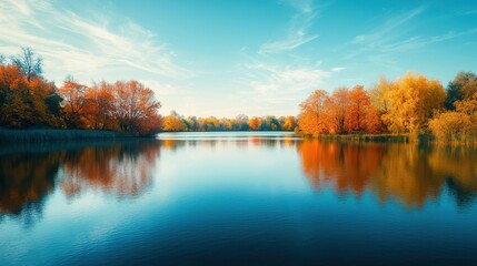Obraz premium Autumn Trees Reflected in Calm Lake Water