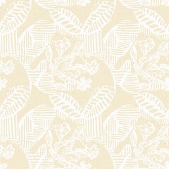 Modern white on cream lace effect wedding background texture. Soft tonal linen openwork block print with subtle hand drawn lattice damask printed fabric backdrop. 