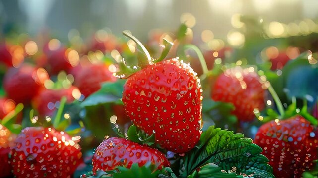 Fresh natural sweet red strawberries on branches in the garden bed. Concept of natural healthy eco food and farming