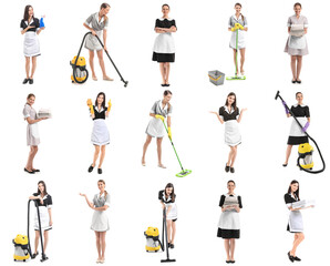 Set of many beautiful chambermaids on white background