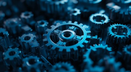 This closeup of interlocked blue metal gears symbolizes teamwork, precision, and mechanics essential for the optimal operation of machinery and equipment across various industries