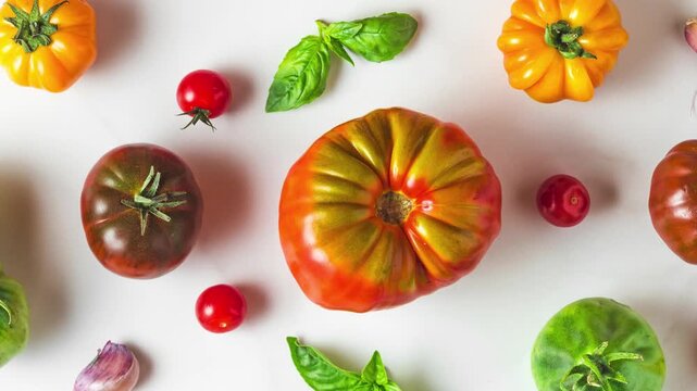 Various colorful organic tomatoes, pepper vegetables, garlic and basil on white background. Food composition. top view. flat lay