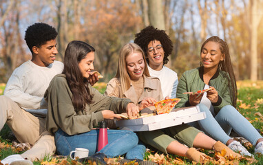 Hungry international students having picnic outdoors, grabbing pizza slices and smiling