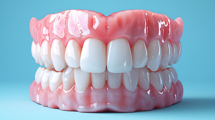 3d render jaw with teeth and dentures over blue background.