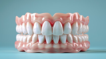 Obraz premium 3d render jaw with teeth and dentures over blue background.