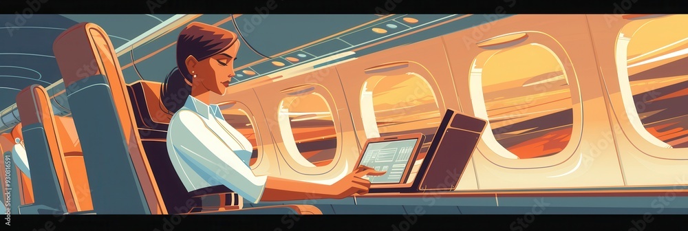 Aufkleber a flight attendant uses a tablet to manage in-flight services while looking out at a stunning sunset