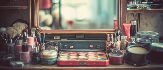 Vintage Makeup Vanity with Brushes and Palettes
