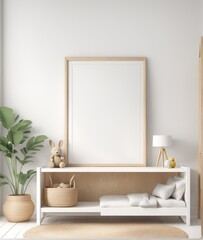 Mock up frame in children room with natural wooden furniture, 3D render