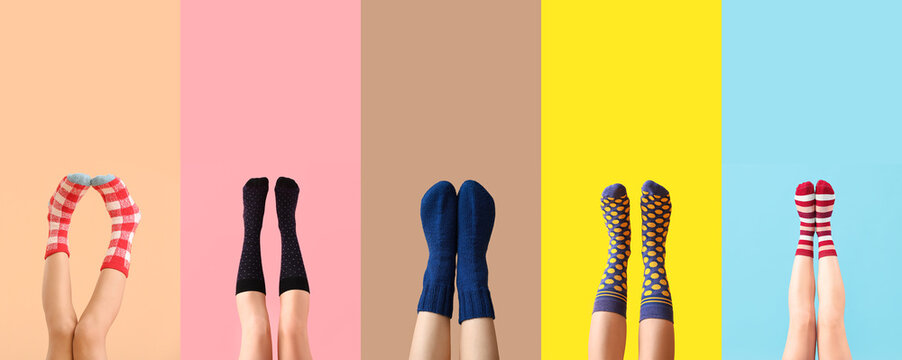 Many legs of young women in socks on color background