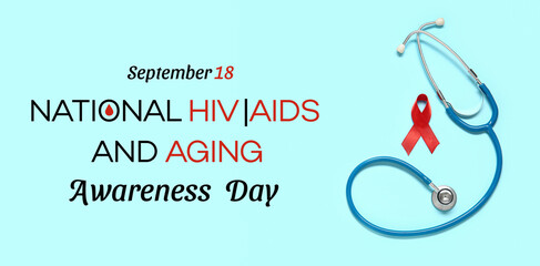 Red ribbon with stethoscope on blue background. AIDS Day concept