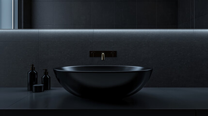 Minimalist dark bathroom featuring a sleek black vessel sink, black countertop, and subtle lighting, creating a modern and sophisticated atmosphere.