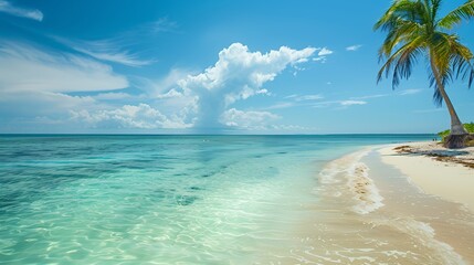 A serene beach scene with clear water and palm trees under a bright blue sky.