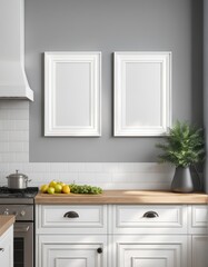 farmhouse kitchen interior, 3d rendered white frame mockup