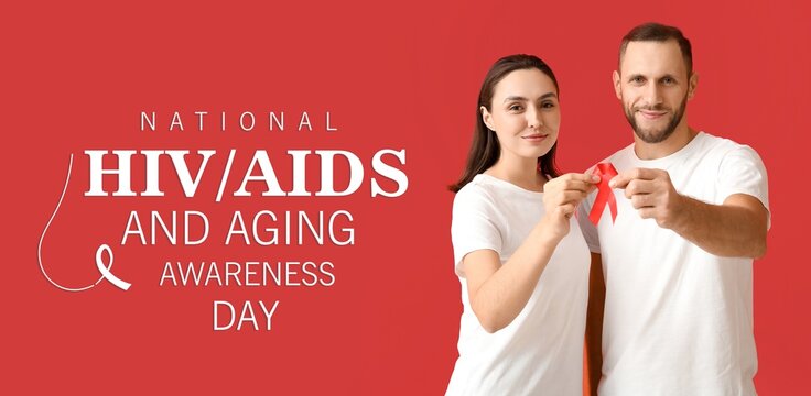 Banner for National HIV AIDS and Aging Awareness Day with young couple holding ribbon