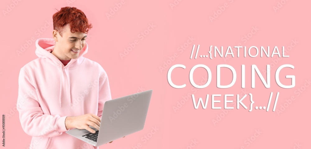 Poster Male programmer with laptop on pink background. Banner for National Coding Week